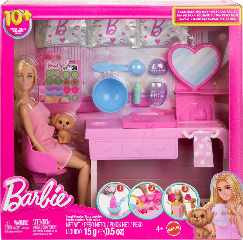 Barbie Face Mask Toy Playset & Doll with 10+ Spa Accessories Including 3 Powder Packs to Make Dough Masks