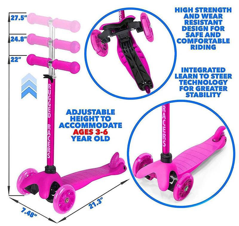 Trottinette Rugged Racer Mini Deluxe à 3 roues - Rose - Édition anglaise