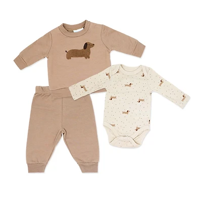 Baby Mode 3 Piece Fleece Jogger Set:Brown Dog  12M