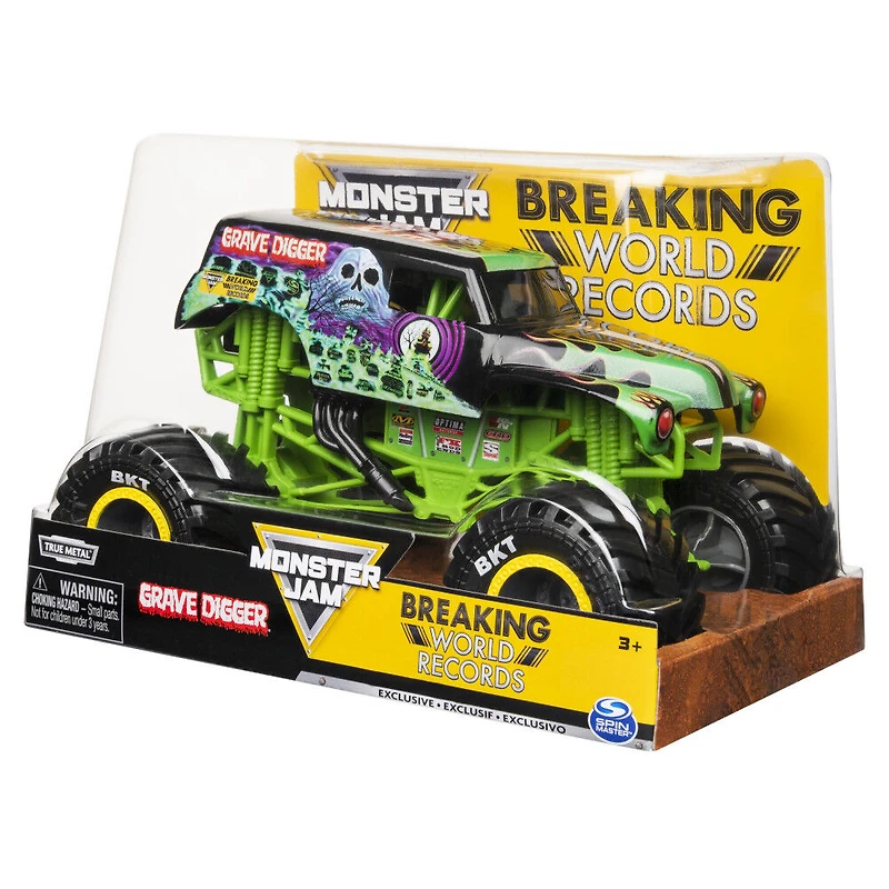 Monster Jam, Monster truck officiel en métal moulé Grave Digger Breaking World Records, échelle 1:24