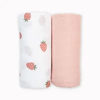 Lulujo - Cotton Mslin Swaddles 2 Pack-Strawberries Ballet Slipper