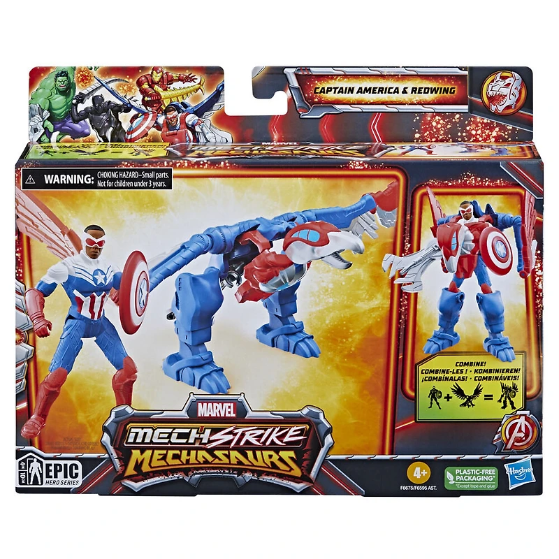 Marvel Mech Strike Mechasaurs, figurine Captain America (10 cm) avec Redwing Mechasaur