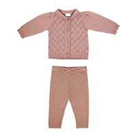Rock a Bye Baby Cardigan en tricot rose avec col à volants et pantalon