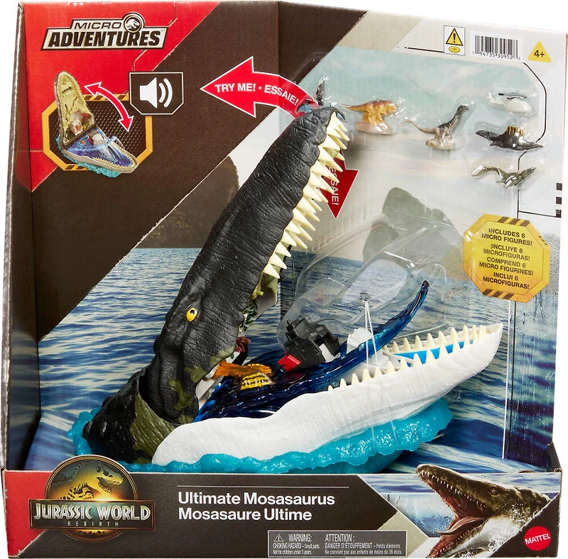 Coffret de jeu Mosasaure JurassicWorld: Renaissance de luxe, 7fonctions et effets sonores interactifs, 6micro figurines