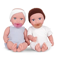 Babi Twin Dolls - Blue Eyes, White Headband and Brown Hat 14-inch Baby Boy and Girl Doll Twins