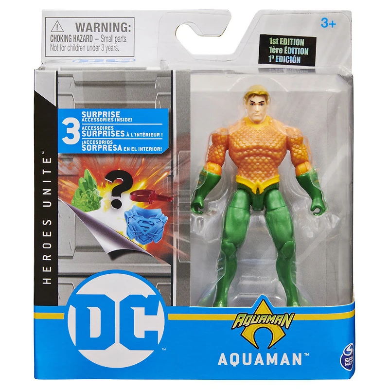 DC Comics, Figurine articulée AQUAMAN de 10 cm avec 3 accessoires mystère