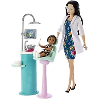 Poupée Barbie Dentiste Brune et Coffret avec Mini-Poupée Patiente, Lavabo, Fauteuil et bien plus encore