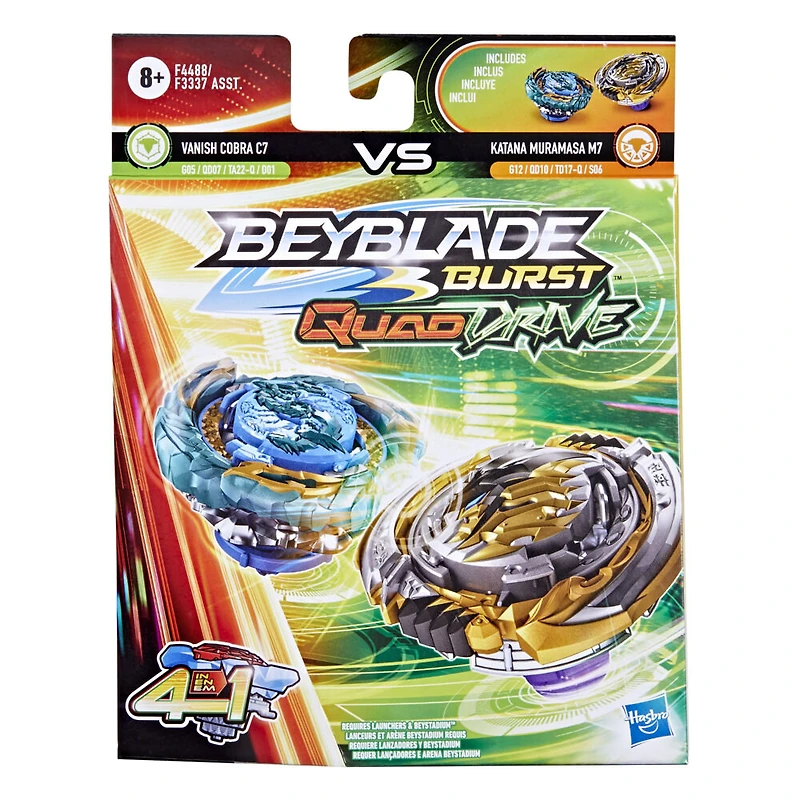 Beyblade Burst QuadDrive, Pack de 2 toupies de compétition Katana Muramasa M7 et Vanish Cobra C7