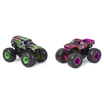 Monster Jam, Coffret de 2 monster trucks officiels en métal moulé Grave Digger vs Calavera qui changent de couleur, échelle 1:64