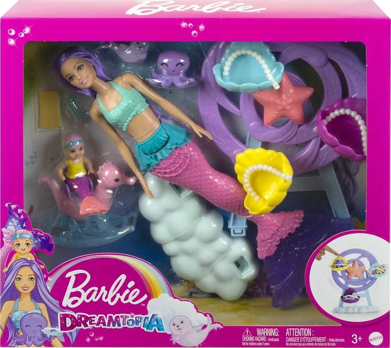 Poupée Barbie Sirène - Coffret Soins, bébés sirène, pieuvre et phoque