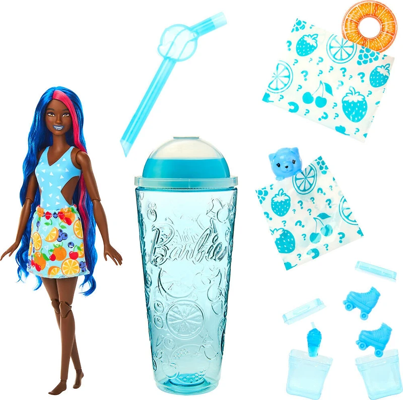 Barbie Pop Reveal Poupée de la série Fruit, thème punch avec 8 surprises dont 1 animal de compagnie et des accessoires, slime, parfum et changement de couleur