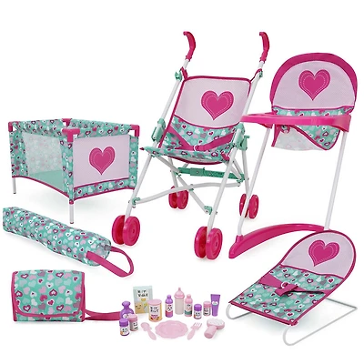21 Piece Doll Play Set, Mint Heart Pattern