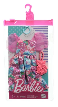 ​Coffret Tenue ​Barbiecomprenant robe florale rose à manches bouffantes, sac à main en forme de fleur et collier bleu, vêtements pour poupées