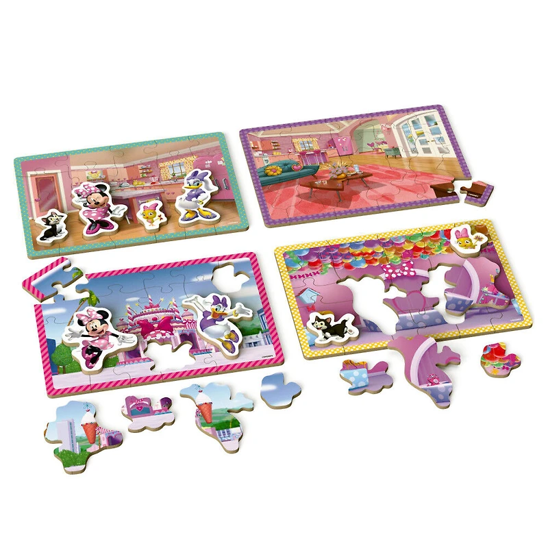 Minnie Mouse, 24-Piece Jigsaw Puzzles 4-Pack Bundle with 8 Interchangeable Minnie Mouse Character Pieces and Wooden Slide Box