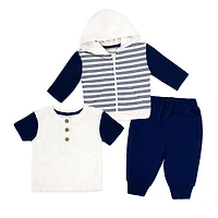 Baby Mode 3 Piece French Terry Jogger Set: Navy Stripe