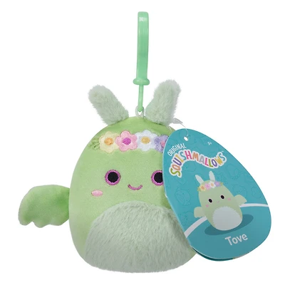 Squishmallows Clip-On 3.5" - Tove le Mothman vert menthe avec une couronne de fleurs et un ventre duveteux