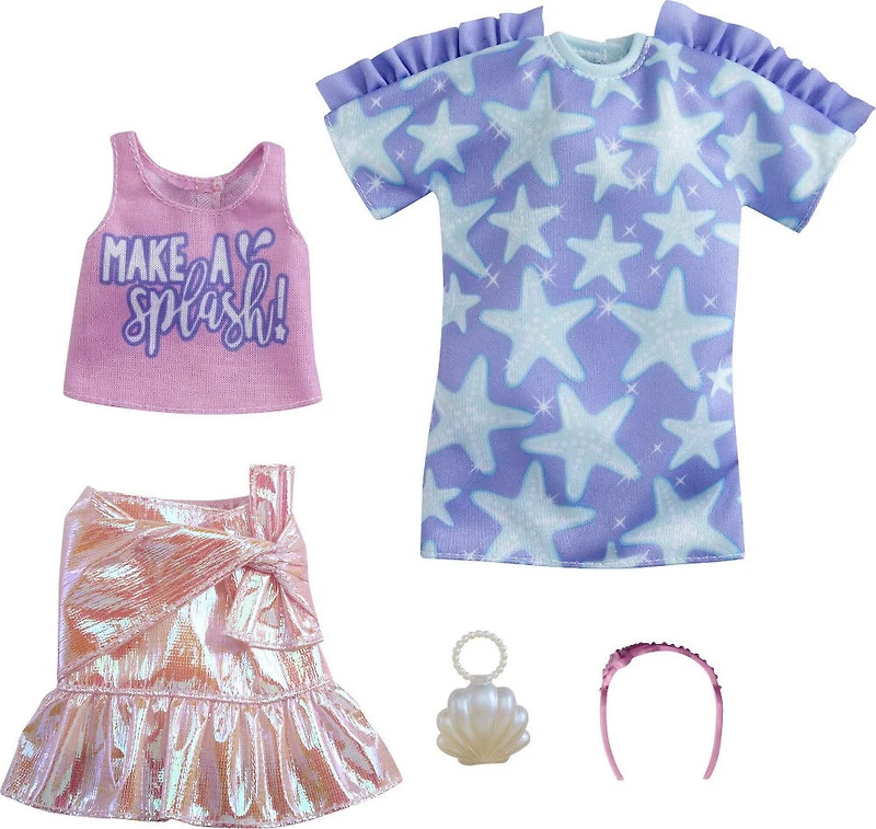 ​Barbie Fashions 2-Pack Clothing Set, 2 Outfits for Barbie Doll Include Star-Print Dress, Pink Iridescent Skirt, Graphic Tank & 2 Accessories