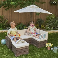 KidKraft - Wooden Outdoor Sectional Ottoman and Umbrella Set with Cushions, Kids' Patio Furniture, Bear Brown and Beige
