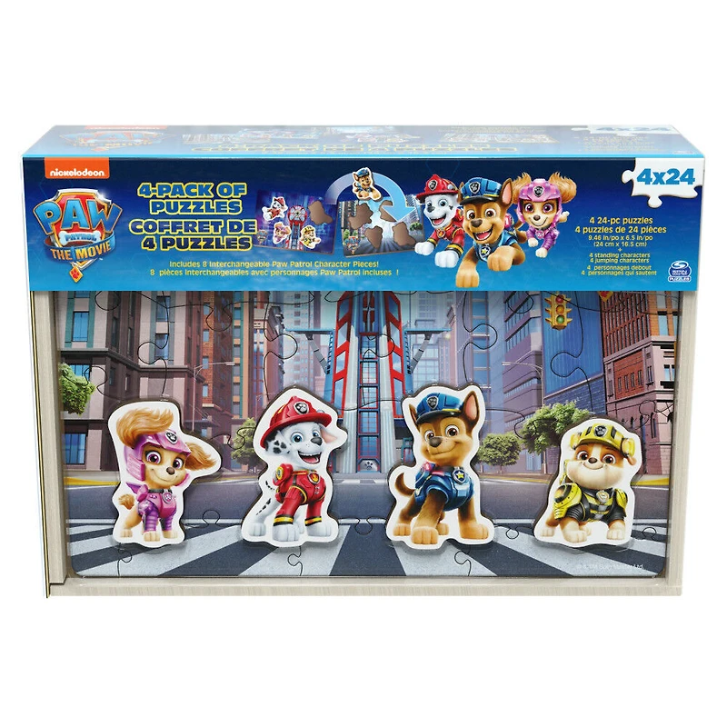 PAW Patrol: The Movie, 4-Pack of Wooden Puzzles, 24-Piece Jigsaw Toy Gift Set with Interchangeable Characters