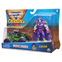 Monster Jam, Coffret Monster truck Grave Digger à l'échelle 1:64 officiel et figurine articulée Grim Creatures de 12,7 cm (violet métallique)