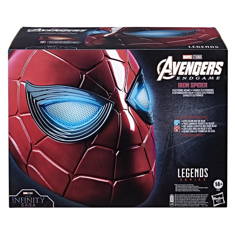 Marvel Legends Series Spider-Man, Casque électronique Iron Spider avec yeux lumineux, 6 réglages de luminosité et taille ajustable