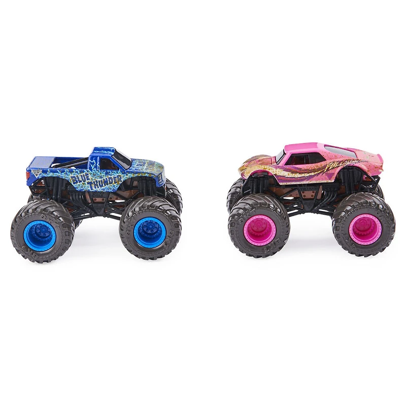 Monster Jam, Coffret de 2 monster trucks officiels en métal moulé Blue Thunder vs Full Charge qui changent de couleur, échelle 1:64