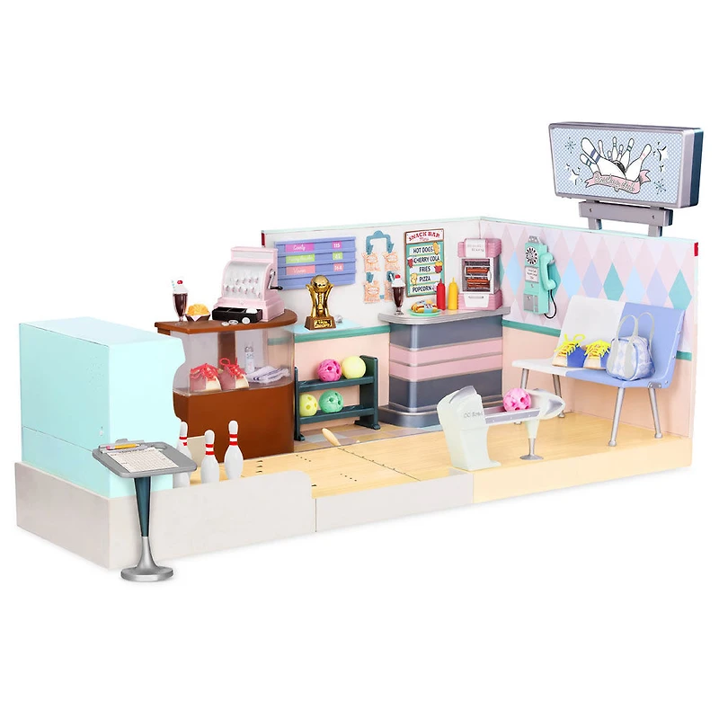 Our Generation, Let It Roll! Bowling Alley, Retro Bowling Alley Playset with Electronics for 18-inch Dolls - English Edition