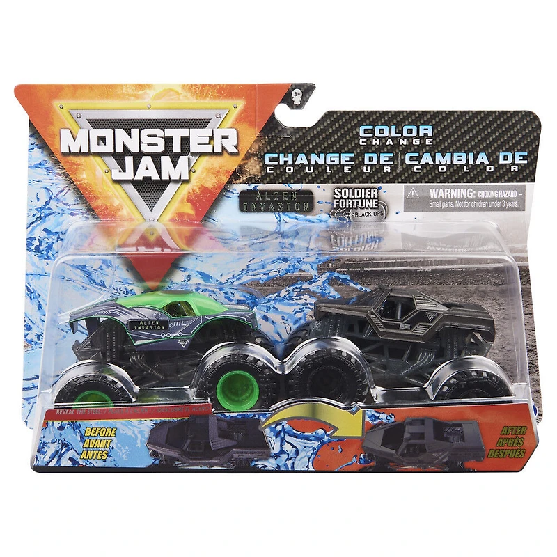 Monster Jam, Monster trucks Alien Invasion vs Soldier Fortune Black Ops officiels qui changent de couleur en métal moulé, échelle 1:64
