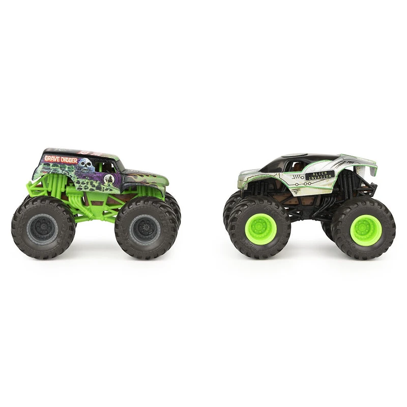 Monster Jam, Coffret de 2 monster trucks officiels en métal moulé Grave Digger vs. Alien Invasion qui changent de couleur, échelle 1:64