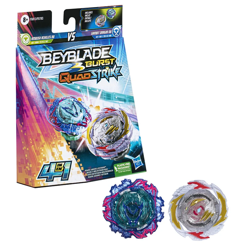 Beyblade Burst QuadStrike Dual Pack, pack de 2 toupies de compétition Gambit Dragon D8 et Ambush Achilles A8