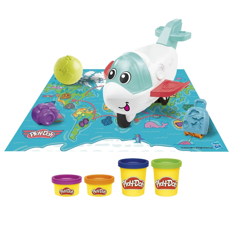 Play-Doh, coffret Starter Mon avion des découvertes, jouets préscolaires pour filles et garçons avec avion, tapis d'activité carte du monde, 3 accessoires et 4 couleurs de pâte à modeler