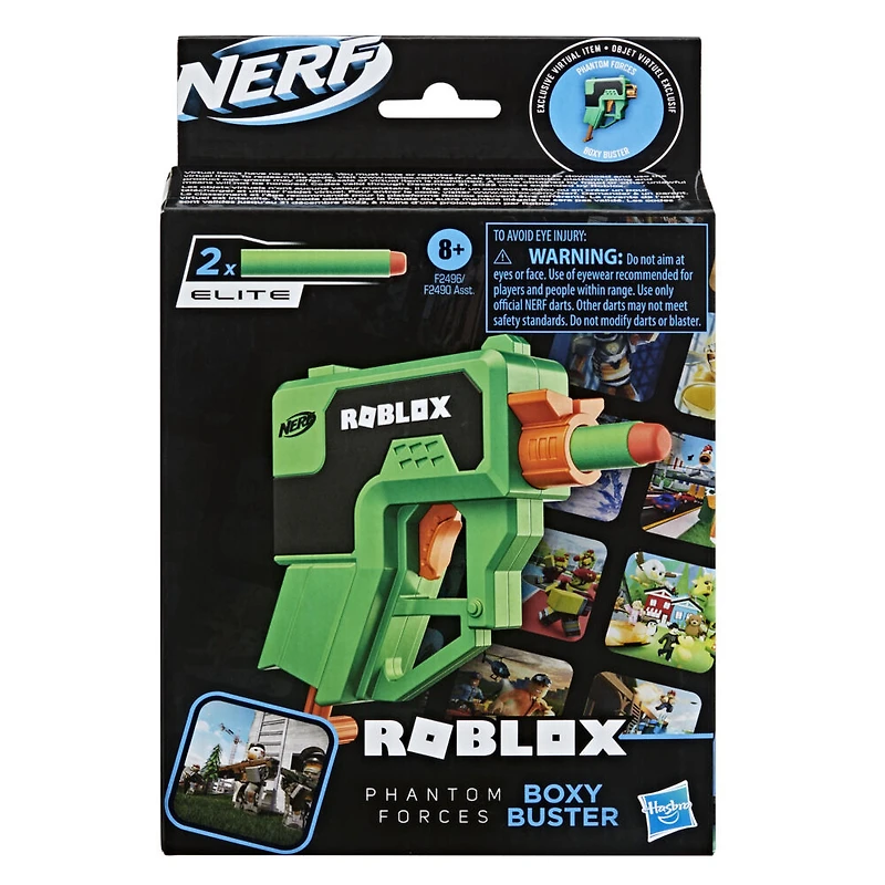 Nerf Roblox Phantom Forces: Boxy Buster Dart Blaster, Pull-Down Priming Handle, 2 Nerf Elite Darts, Code To Unlock In-Game Virtual Item