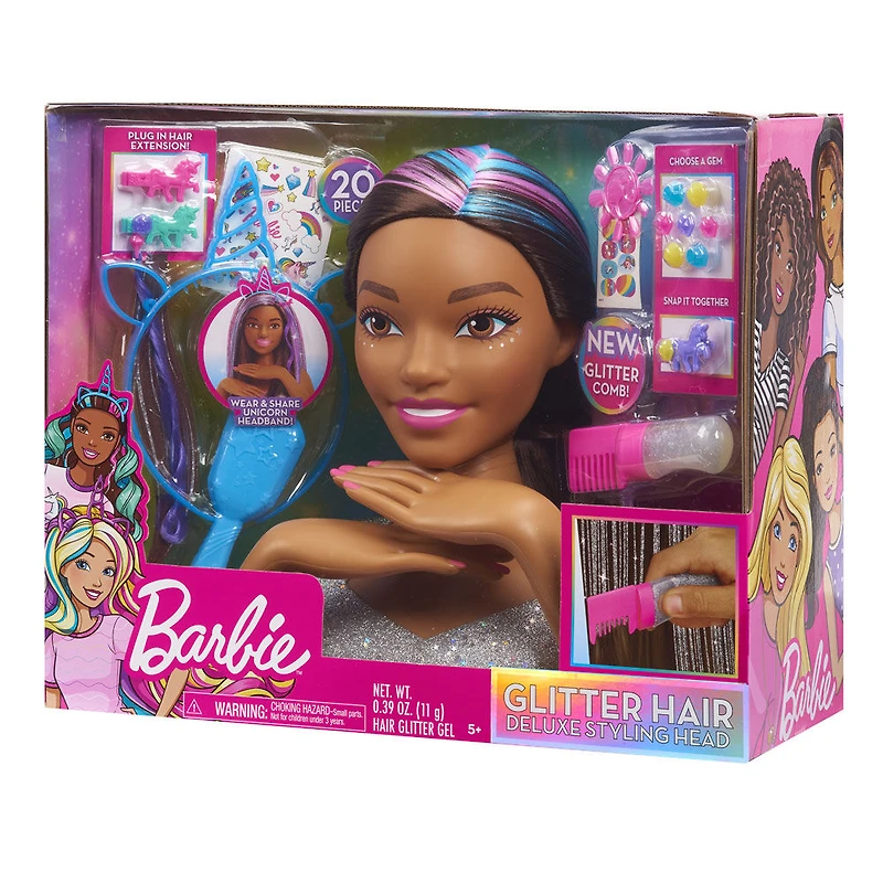 Tête de Coiffure "Paillettes et C'est Parti" Barbie De Luxe à 20 Eléments - Cheveux Bruns