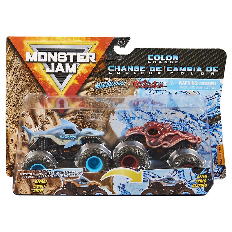 Monster Jam, Coffret de 2 monster trucks officiels en métal moulé Megalodon vs. Octon8er qui changent de couleur, échelle 1:64