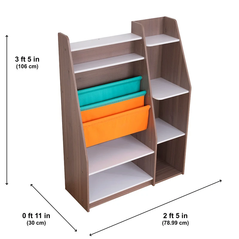 Bibliothèque en bois avec pochettes de rangement, meubles pour enfants - Gris cendré