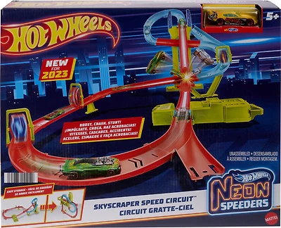 Hot Wheels Track Set, Neon Speeders Skyscraper Speed Circuit with 1 Hot Wheels Car