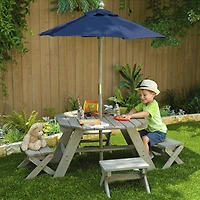 KidKraft - Ensemble de tabourets, parasol et table octogonale de bois, mobilier de jardin pour enfants, gris bois de grange et marine