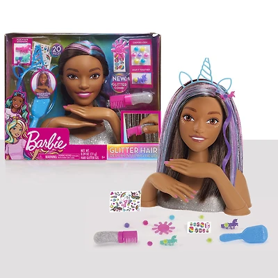 Tête de Coiffure "Paillettes et C'est Parti" Barbie De Luxe à 20 Eléments - Cheveux Bruns