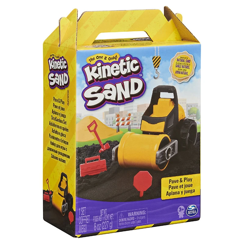Kinetic Sand, Coffret de chantier Pave et joue avec véhicule et 227 g de sable Kinetic Sand noir