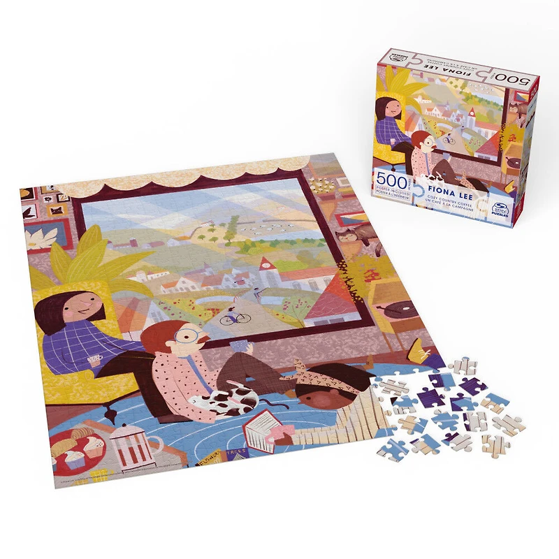 Puzzles Spin Master, Puzzle Un café à la campagne, Puzzle de 500 pièces par l'artiste Fiona Lee avec poster décoratif