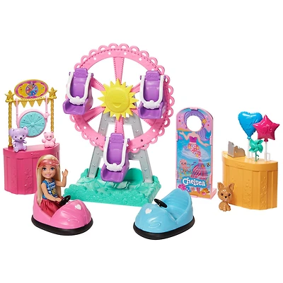 Barbie Club Chelsea Doll and Carnival Playset, Wearing Fashion and Accessories, with Ferris Wheel, Bumper Cars, Puppy and More