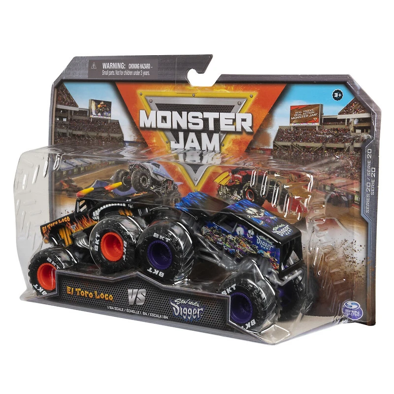 Monster Jam, Monster trucks officiels en métal moulé El Toro Loco Vs. Son-uva Digger Die-Cast, échelle 1:64