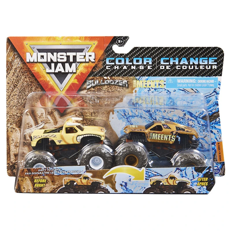 Monster Jam, Official Bulldozer vs. Team Meents Color-Changing Die-Cast Monster Trucks, 1:64 Scale