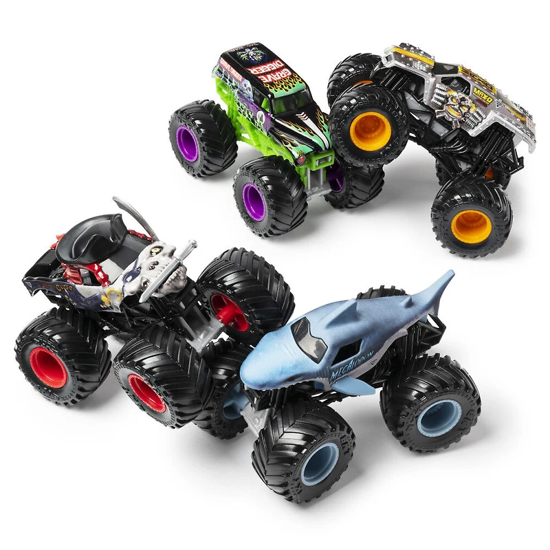 Monster Jam, Land vs. Sea 4 Pack (Grave Digger, Max-D, Megalodon, and Pirate's), 1:64 Scale Die-Cast Vehicles