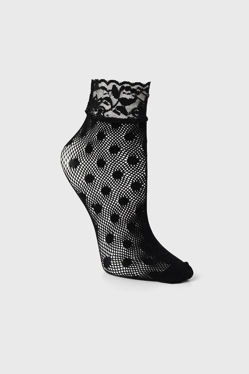 Polka dot fishnet socks with lace