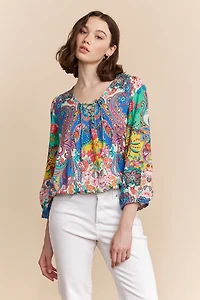 Paisley print lace-up blouse