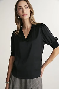 Ribbed V-neck puff-sleeve top