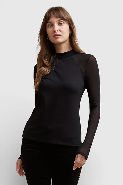 Mixed fabrics mock neck top