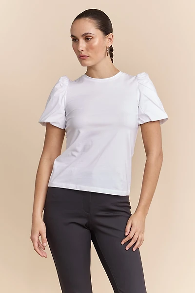 Mixted fabrics top with puffy sleeves