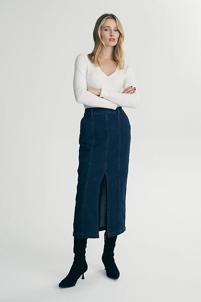 Long denim skirt with front slit
